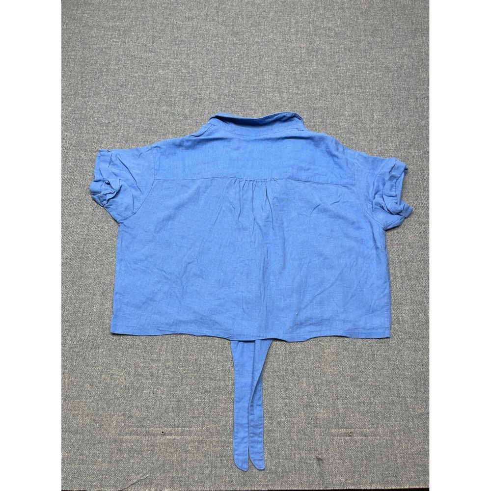 Jules & Leopold Blue Linen Blend Short Sleeve Tie Front Cropped Shirt Womens L - Picture 3 of 5